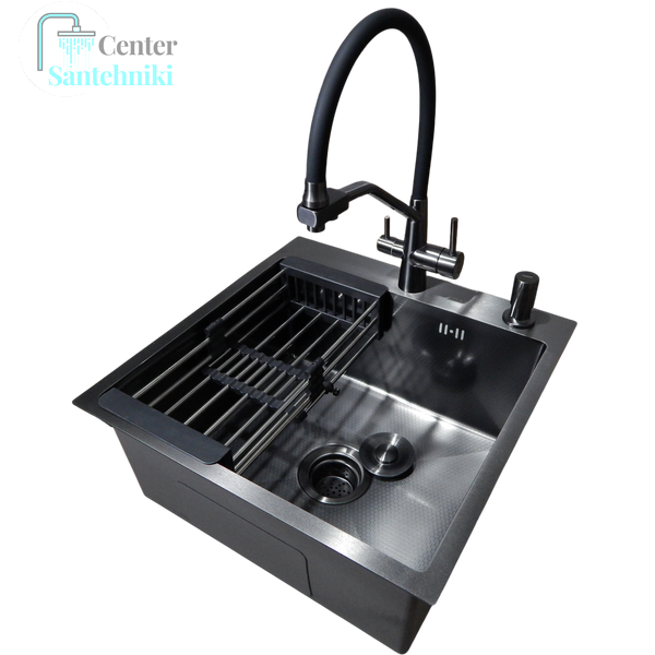 Комплект кухонной мойки Kraft HM 50х50 NANO BLACK PVD (3.0/1.0 мм) DEKOR CS25147 фото
