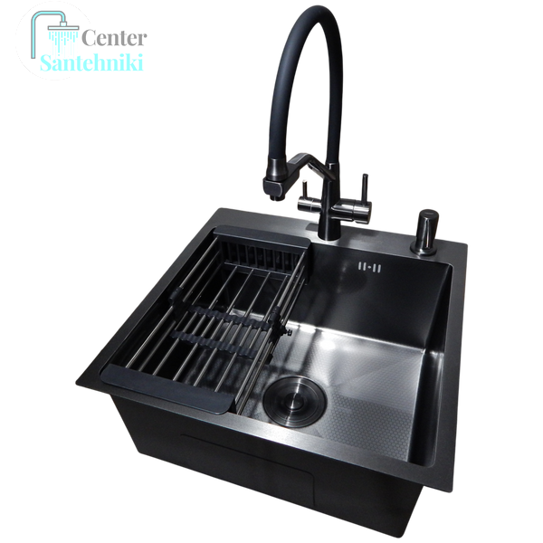 Комплект кухонной мойки Kraft HM 50х50 NANO BLACK PVD (3.0/1.0 мм) DEKOR CS25147 фото