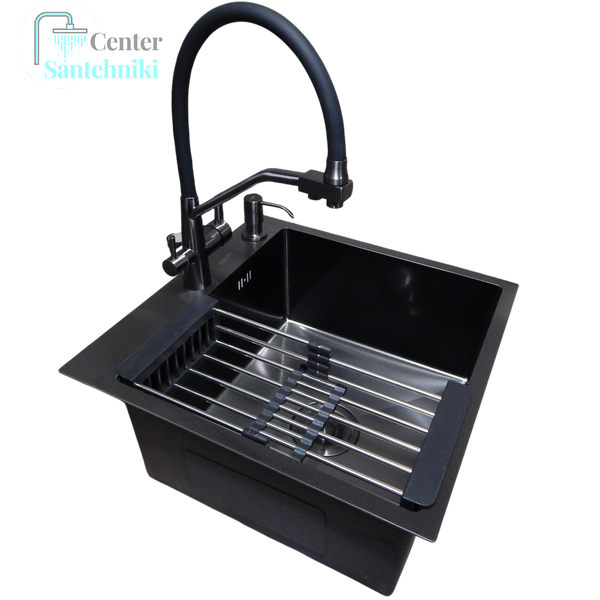 Комплект кухонной мойки Kraft HM 50х50 NANO BLACK PVD (3.0/1.0 мм) DEKOR CS25147 фото