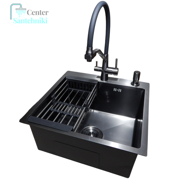 Комплект кухонной мойки Kraft HM 50х50 NANO BLACK PVD (3.0/1.0 мм) DEKOR CS25147 фото