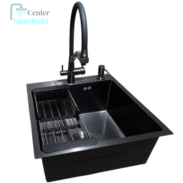 Комплект кухонной мойки Kraft HM 50х50 NANO BLACK PVD (3.0/1.0 мм) DEKOR CS25147 фото