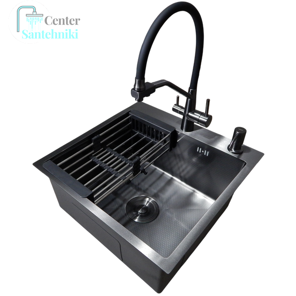 Комплект кухонной мойки Kraft HM 50х50 NANO BLACK PVD (3.0/1.0 мм) DEKOR CS25147 фото
