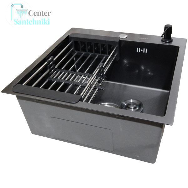Комплект кухонної мийки Kraft NANO BLACK PVD Декор HS50*50 (3.0/1.0 мм)+Змішувач для кухні з висувним шлангом SМ4088 фото