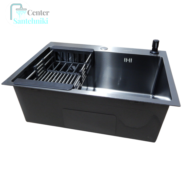 Комплект кухонної мийки Kraft NANO BLACK PVD Декор HS60*45 (3.0/1.0 мм)+Змішувач для кухні з гнучким виливом Pllen&oacute; CS25260 фото