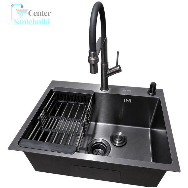 Комплект кухонної мийки Kraft NANO BLACK PVD Декор HS60*45 (3.0/1.0 мм)+Змішувач для кухні з гнучким виливом Pllen&oacute; CS25260 фото