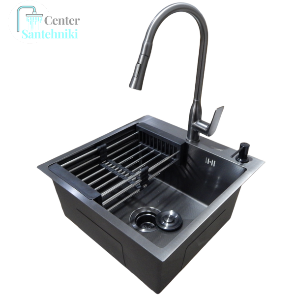 Комплект кухонної мийки Kraft HM 50х50 NANO BLACK (DECOR) PVD (3.0/1.0 мм) SМ6042 фото