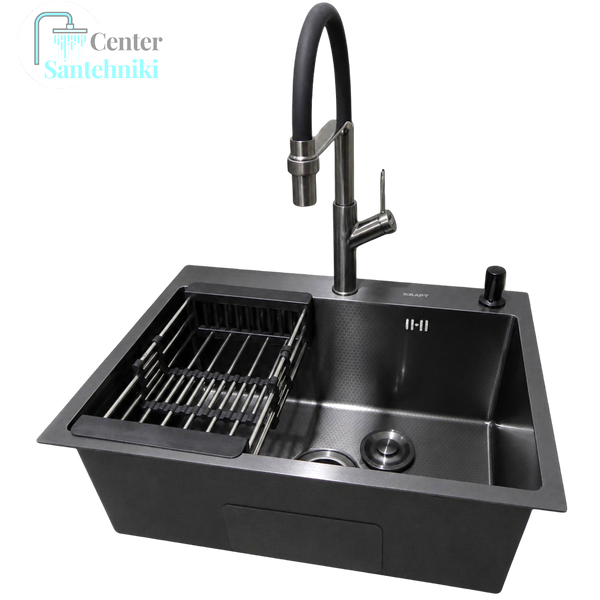 Комплект кухонної мийки Kraft NANO BLACK PVD Декор HS60*45 (3.0/1.0 мм)+Змішувач для кухні з гнучким виливом Pllen&oacute; CS25260 фото