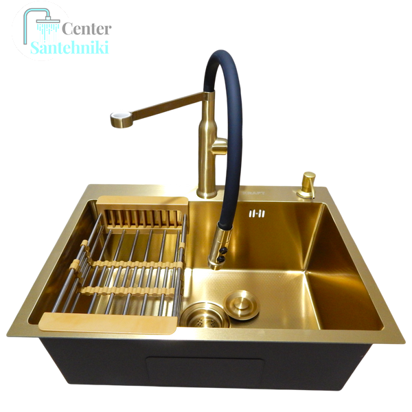 Комплект кухонной мойки Kraft NANO GOLD PVD HS 540х480 (3.0/1.0 мм) декор CS25312 фото