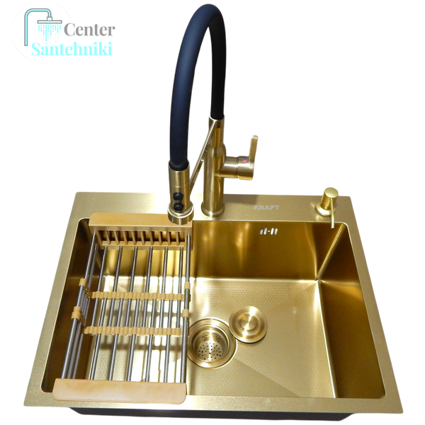 Комплект кухонной мойки Kraft NANO GOLD PVD HS 540х480 (3.0/1.0 мм) декор CS25312 фото