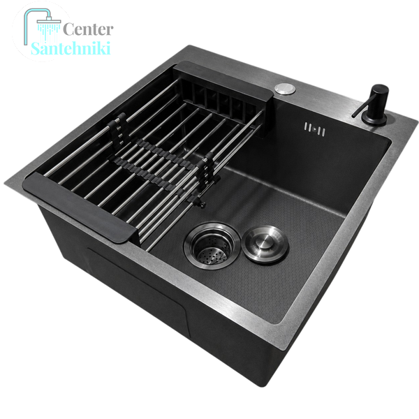 Комплект кухонной мойки Kraft NANO BLACK PVD HS50*50(3.0/1.0 мм) декор CS25262 фото