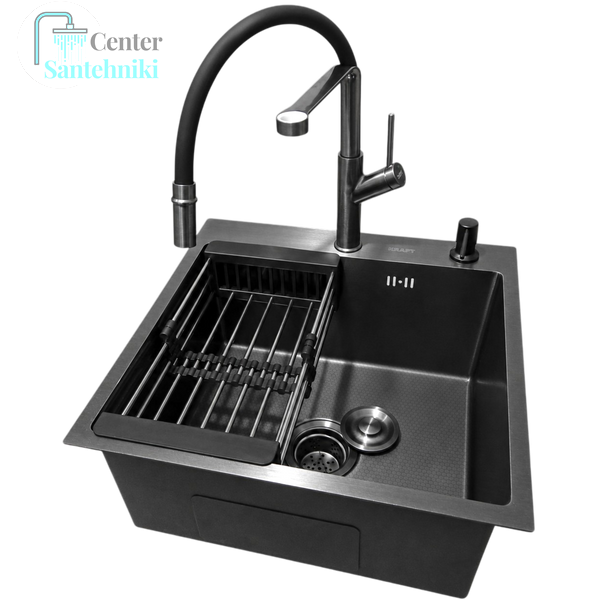 Комплект кухонной мойки Kraft NANO BLACK PVD HS50*50(3.0/1.0 мм) декор CS25262 фото