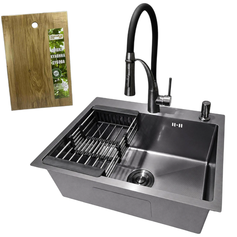 Комплект кухонной мойки Kraft NANO BLACK PVD HS60*45 Декор (3.0/1.0 мм)+Змішувач для кухні Kroner KRP Ersel - GRP03393BLK CS25214 фото