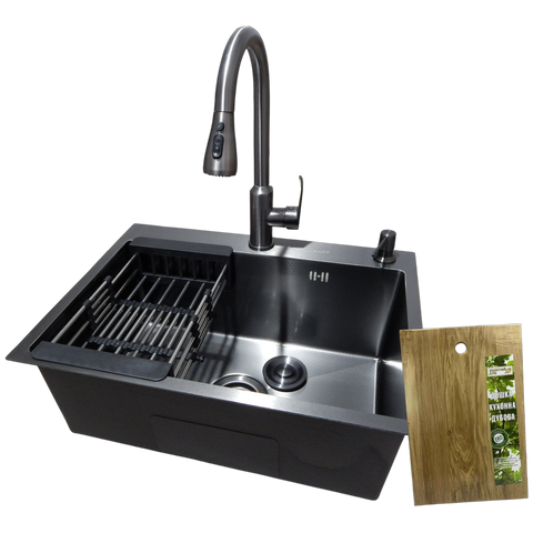 Комплект кухонної мийки Kraft NANO BLACK PVD Декор-соти HS540х480 (3.0/1.0 мм)+Кухонний змішувач TH38 Valeso PVD Графіт з висувною лійкою CS25265 фото