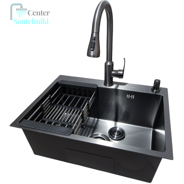 Комплект кухонной мойки Kraft NANO BLACK PVD Декор-соты HS540х480 (3.0/1.0 мм)+ Смеситель кухонный TH38 Valeso PVD Графит с выдвижной лейкой CS25265 фото