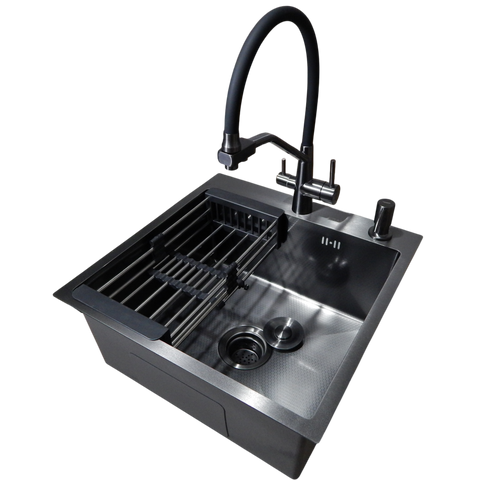 Комплект кухонной мойки Kraft HM 50х50 NANO BLACK PVD (3.0/1.0 мм) DEKOR CS9315 фото