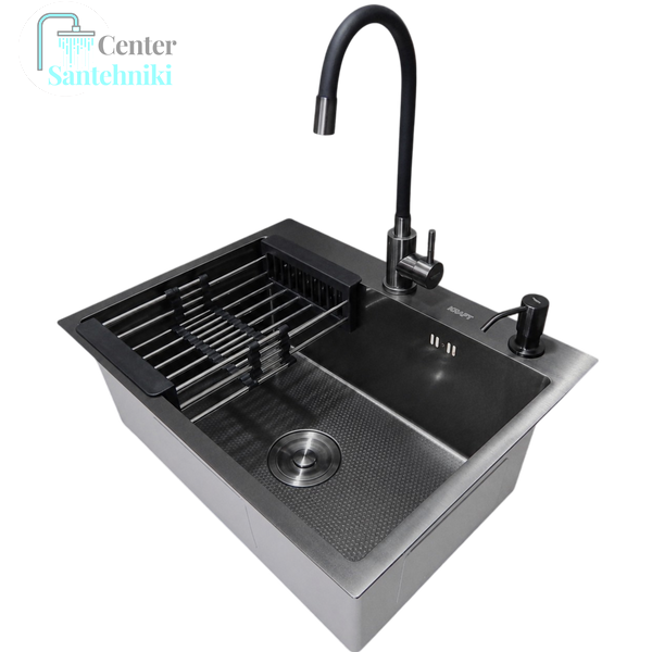 Комплект кухонної мийки Kraft NANO BLACK PVD HS60*45 (3.0/1.0 мм) декор CS25098 фото