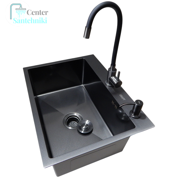 Комплект кухонної мийки Kraft NANO BLACK PVD HS60*45 (3.0/1.0 мм) декор CS25098 фото