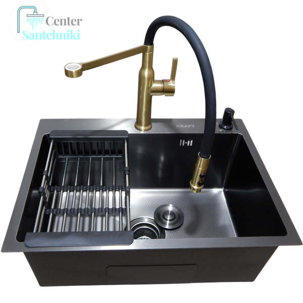 Комплект кухонної мийки Kraft NANO BLACK PVD Декор-соты HS60*45 (3.0/1.0 мм)+Смеситель для кухни Kroner KRP Ersel - GBG03112BLK CS25319 фото