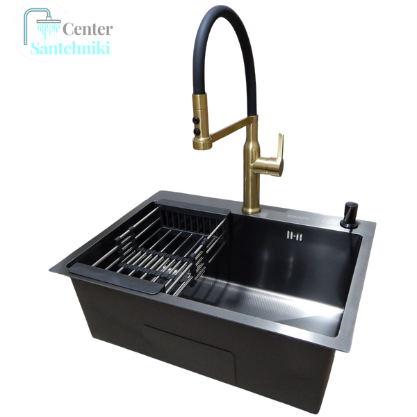 Комплект кухонної мийки Kraft NANO BLACK PVD Декор-соты HS60*45 (3.0/1.0 мм)+Смеситель для кухни Kroner KRP Ersel - GBG03112BLK CS25319 фото