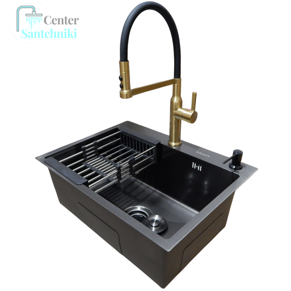 Комплект кухонної мийки Kraft NANO BLACK PVD Декор-соты HS60*45 (3.0/1.0 мм)+Смеситель для кухни Kroner KRP Ersel - GBG03112BLK CS25319 фото