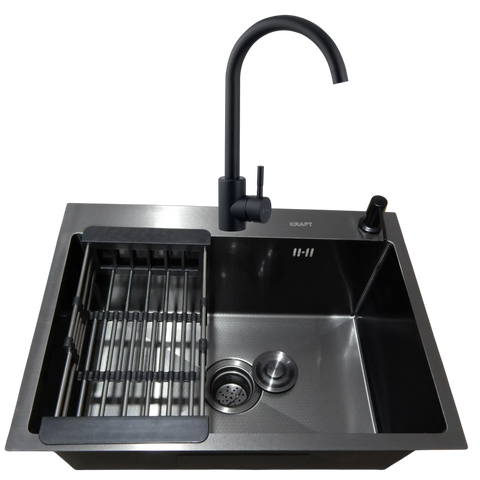 Кухонная мойка 4-в-1 (комплект) KRAFT Handmade PVD Графит HS 60*45 (3.0/1.0 мм) Декор CS7456 фото