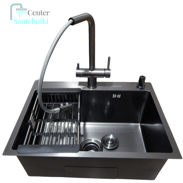 Комплект кухонной мойки Kraft NANO BLACK PVD HS60*45 (3.0/1.0 мм) декор CS25322 фото