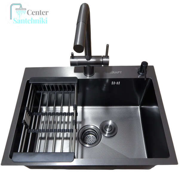 Комплект кухонной мойки Kraft NANO BLACK PVD HS60*45 (3.0/1.0 мм) декор CS25322 фото