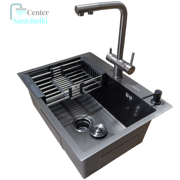 Комплект кухонной мойки Kraft NANO BLACK PVD HS60*45 (3.0/1.0 мм) декор CS25322 фото