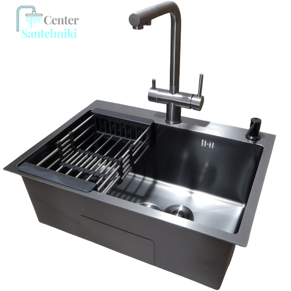 Комплект кухонной мойки Kraft NANO BLACK PVD HS60*45 (3.0/1.0 мм) декор CS25322 фото