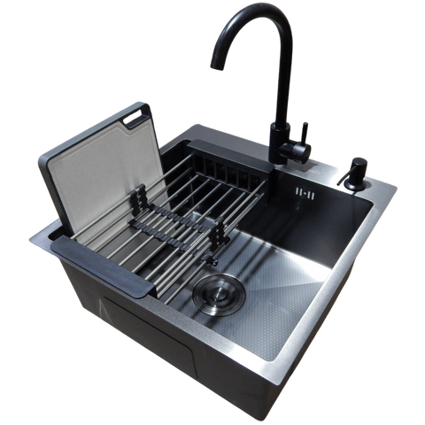 Комплект кухонной мойки Kraft HM 50х50 NANO BLACK (DECOR) PVD (3.0/1.0 мм) CS1055 фото