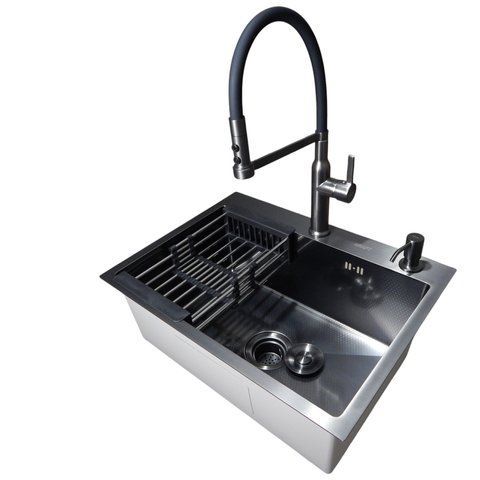 Комплект кухонної мийки Kraft NANO BLACK PVD HS 540х480 Декор-соти (3.0/1.0 мм)+Смеситель для кухни Kroner KRP Ersel - GRP03112BLK С гибким изливом Графит CS2107 фото