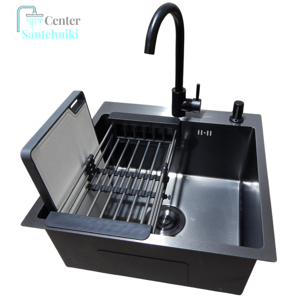 Комплект кухонной мойки Kraft HM 50х50 NANO BLACK (DECOR) PVD (3.0/1.0 мм) CS1055 фото