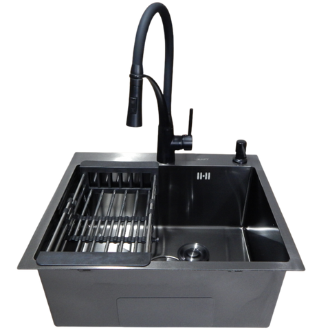 Комплект кухонної мийки Kraft HM 50х50 NANO BLACK PVD (3.0/1.0 мм) SМ90 фото