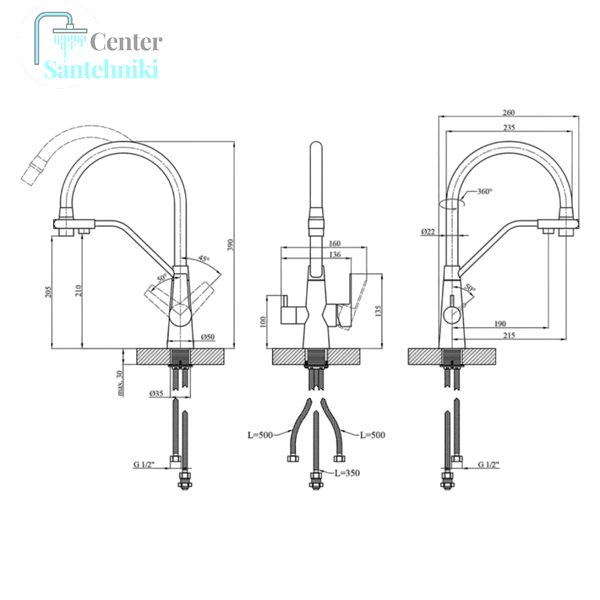 Комплект кухонної мийки Kraft HM 50х50 NANO BLACK (DECOR) PVD (3.0/1.0 мм) CS4500 фото