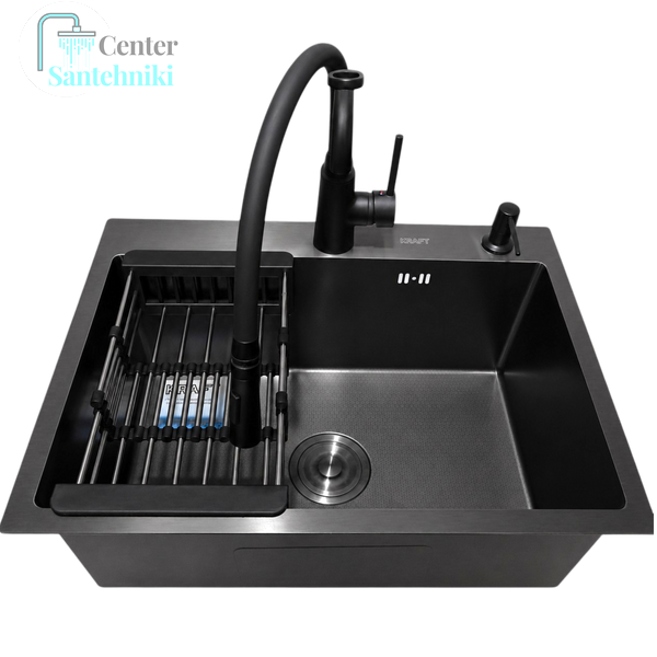 Комплект кухонной мойки Kraft NANO BLACK PVD HS60*45 декор (3.0/1.0 мм)+Змішувач для кухні Kroner KRP Ersel - SCH03393BLK CS25199 фото