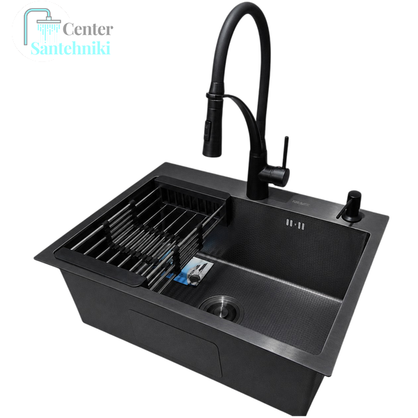 Комплект кухонной мойки Kraft NANO BLACK PVD HS60*45 декор (3.0/1.0 мм)+Змішувач для кухні Kroner KRP Ersel - SCH03393BLK CS25199 фото