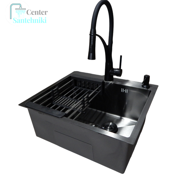 Комплект кухонної мийки Kraft HM 50х50 NANO BLACK PVD (3.0/1.0 мм) SМ90 фото