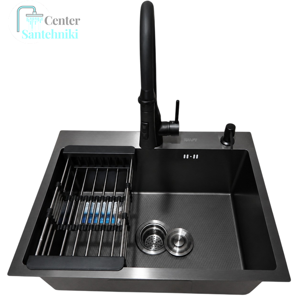 Комплект кухонной мойки Kraft NANO BLACK PVD HS60*45 декор (3.0/1.0 мм)+Змішувач для кухні Kroner KRP Ersel - SCH03393BLK CS25199 фото