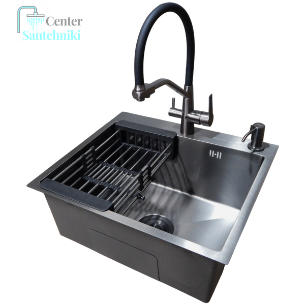 Комплект кухонної мийки Kraft HM 50х50 NANO BLACK (DECOR) PVD (3.0/1.0 мм) CS4500 фото