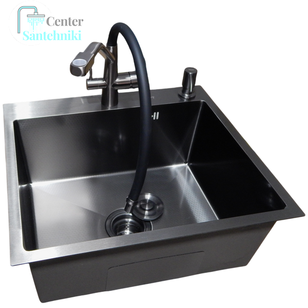 Комплект кухонної мийки Kraft HM 50х50 NANO BLACK (DECOR) PVD (3.0/1.0 мм) CS4500 фото