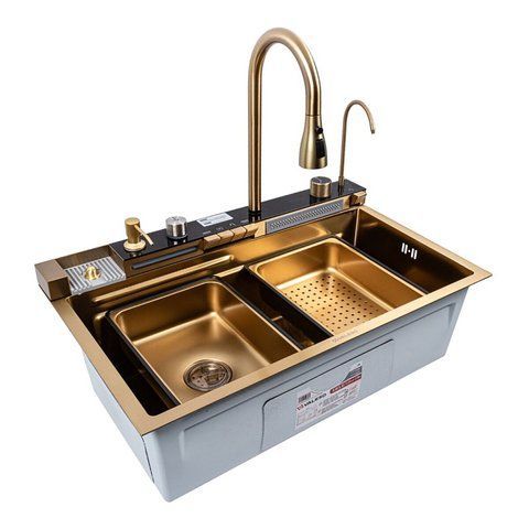 Мийка кухонна PVD Gold 75*45 VALESO Handmade "Водоспад" (ДЕКОР) 50209 фото