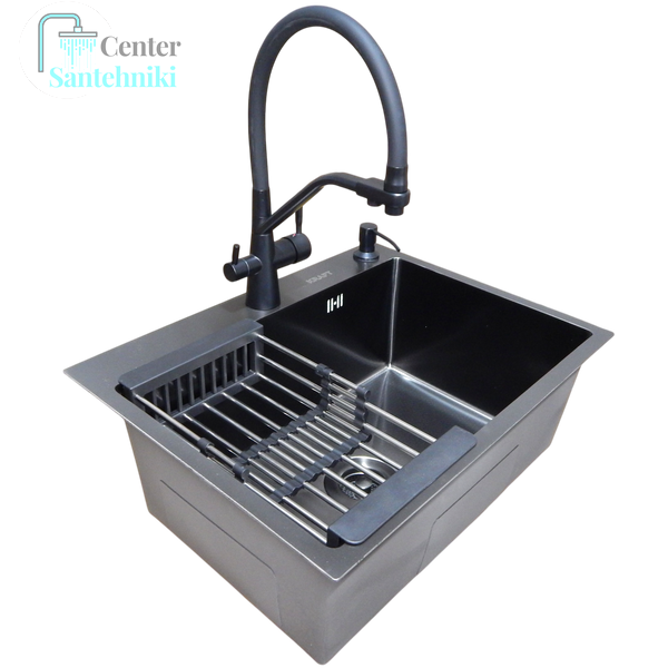 Комплект кухонної мийки Kraft NANO BLACK PVD HS60*45 (3.0/1.0 мм)+Змішувач для кухні з підключенням до фільтра Pllen&oacute; Lazio ST19 nero CS20577 фото