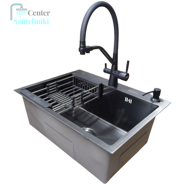 Комплект кухонної мийки Kraft NANO BLACK PVD HS60*45 (3.0/1.0 мм)+Змішувач для кухні з підключенням до фільтра Pllen&oacute; Lazio ST19 nero CS20577 фото