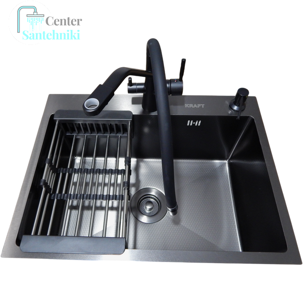 Комплект кухонної мийки Kraft NANO BLACK PVD HS 540х480мм Декор (3.0/1.0 мм)+Змішувач для кухні з підключенням до фільтра Pllen&oacute; Lazio ST19 nero СS2649 фото