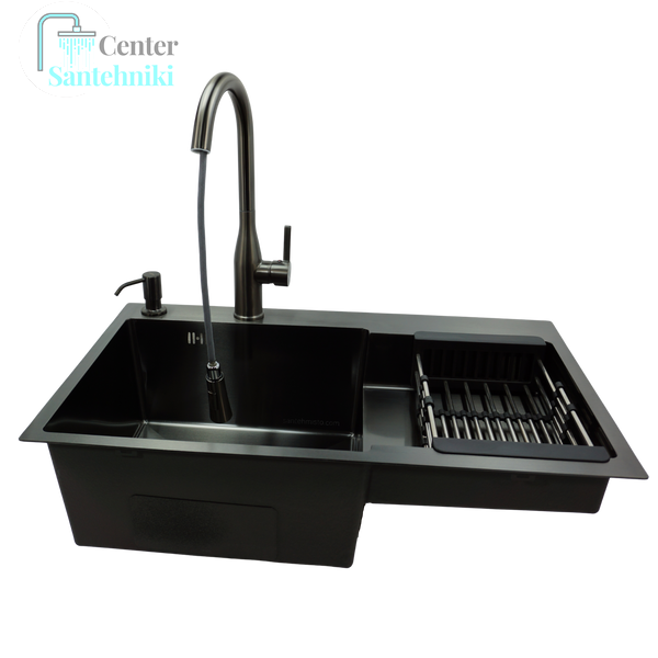 Комплект кухонної мийки Kraft NANO BLACK Handmade PVD-Графіт&nbsp;HM&nbsp;- 7848ALB&nbsp;(3.0/1.0 мм) CS25177 фото