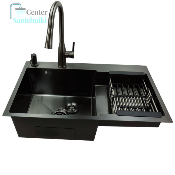 Комплект кухонної мийки Kraft NANO BLACK Handmade PVD-Графіт&nbsp;HM&nbsp;- 7848ALB&nbsp;(3.0/1.0 мм) CS25177 фото
