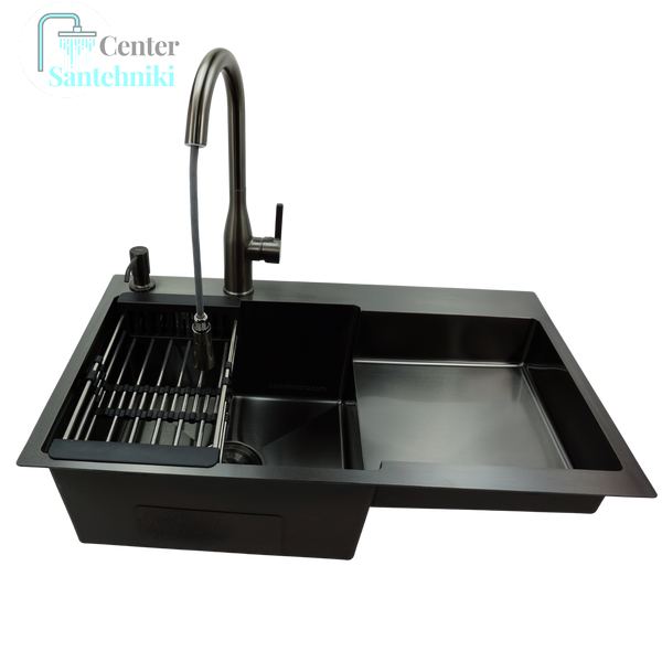 Комплект кухонної мийки Kraft NANO BLACK Handmade PVD-Графіт&nbsp;HM&nbsp;- 7848ALB&nbsp;(3.0/1.0 мм) CS25177 фото