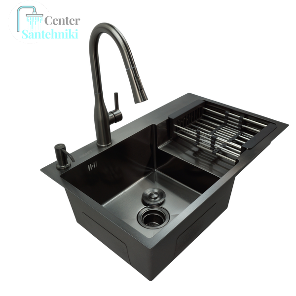 Комплект кухонної мийки Kraft NANO BLACK Handmade PVD-Графіт&nbsp;HM&nbsp;- 7848ALB&nbsp;(3.0/1.0 мм) CS25177 фото