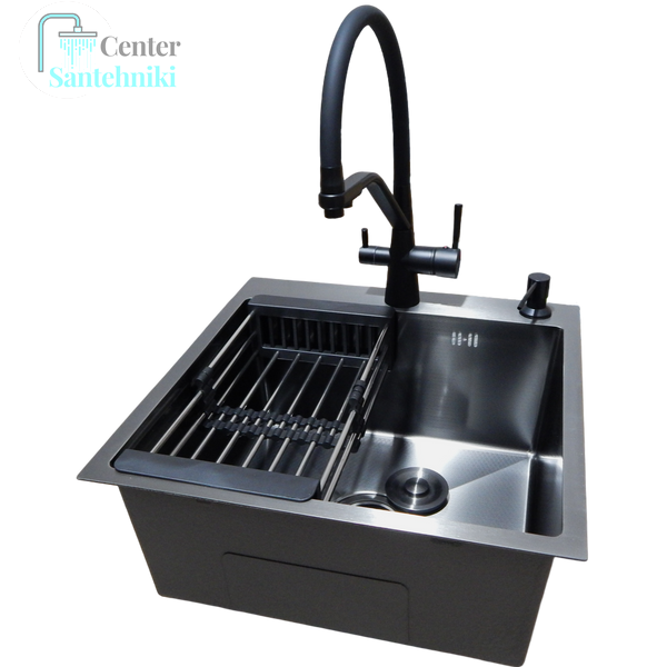 Комплект кухонної мийки Kraft NANO BLACK PVD HS 500х500мм (3.0/1.0 мм)+Змішувач для кухні з підключенням до фільтра Pllen&oacute; Lazio ST19 nero CS21504 фото