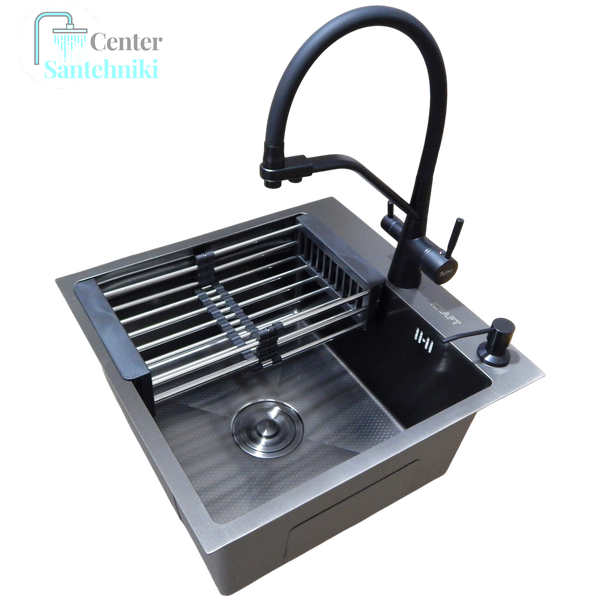 Комплект кухонної мийки Kraft NANO BLACK PVD HS 500х500мм (3.0/1.0 мм)+Змішувач для кухні з підключенням до фільтра Pllen&oacute; Lazio ST19 nero CS21504 фото